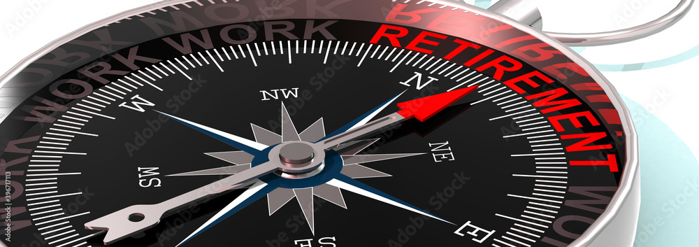 Compass needle pointing to word retirement Compass needle pointing to word retirement