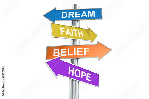Direction street post with word dream, faith, belief and hope on colorful banner