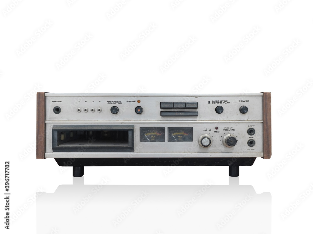 Fototapeta premium front view silver and wooden video and stereo on white background, object, technology, copy space