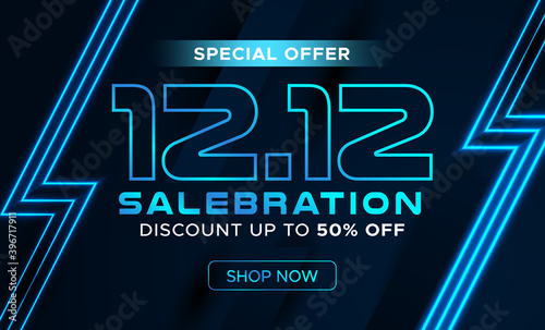 Cyber online 12.12 salebration banner template. Techno futuristic theme for shopping festival, end of year sale poster. Promotional banner template