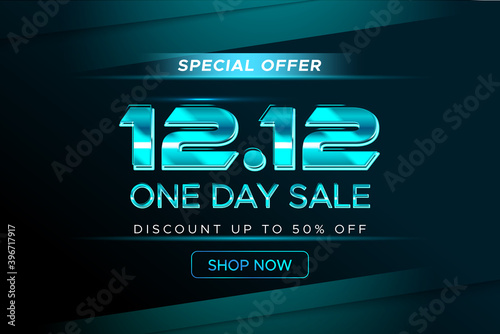 one day online 12.12 sale banner template. Techno futuristic theme for shopping festival, end of year sale poster. Promotional banner template