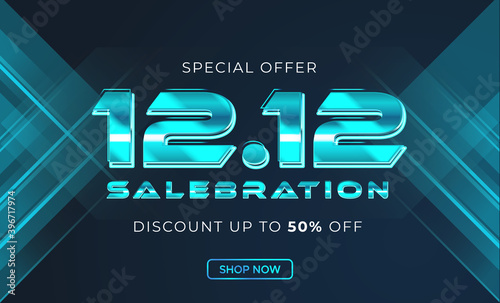 Cyber online 12.12 salebration banner template. Techno futuristic theme for shopping festival, end of year sale poster. Promotional banner template