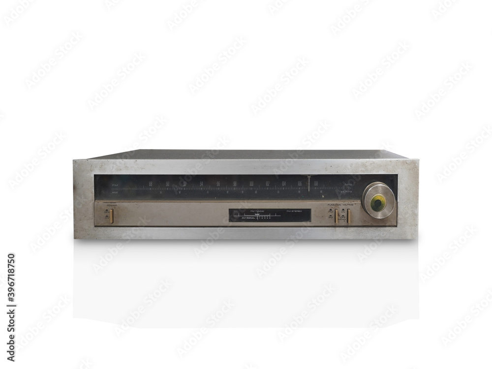 Obraz premium front view old silver stereo tuner on white background, object, technology, copy space