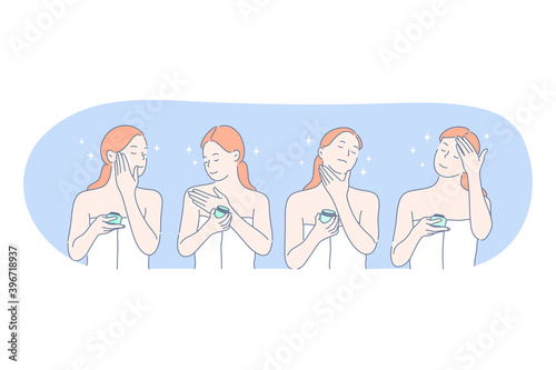 Cosmetics, make up, beauty concept. Young smiling woman cartoon character in towel applying facial cream on face, cheeks, neck and forehead before going to bed or in morning. Skincare treatment 