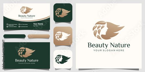 woman face and hair leaf salon gold gradient logo design
