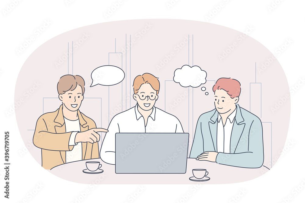 Teamwork, negotiations, business presentation concept. Group of positive business people office workers partners cartoon characters sitting in office with laptop and coffee and discussing startup Teamwork, negotiations, business presentation concept. Group of positive business people office workers partners cartoon characters sitting in office with laptop and coffee and discussing startup