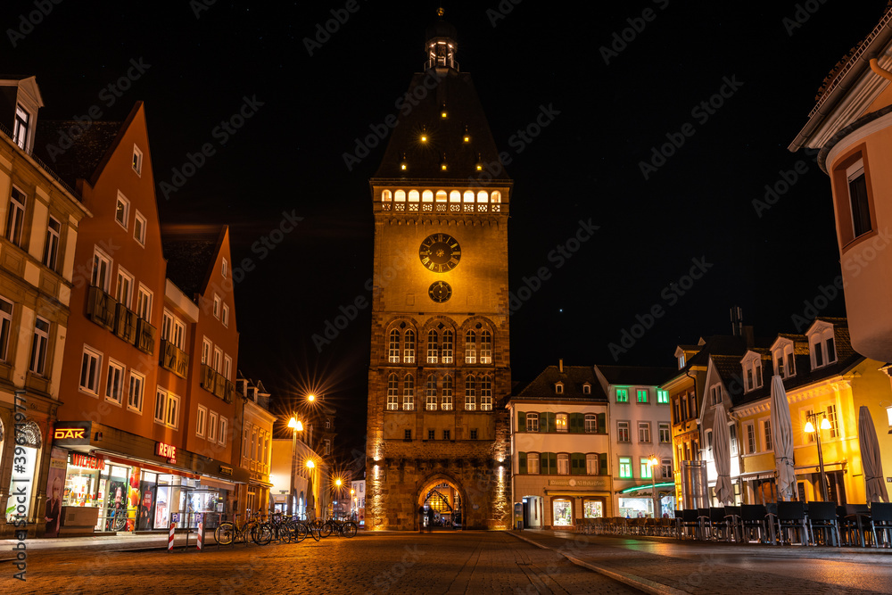 The Old Gate Altpoertel in Speyer, Germany at night. The medieval city gate