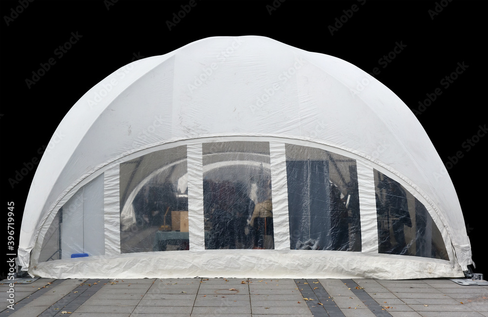 Fototapeta premium White canvas tent for small market installed on the city street isolated
