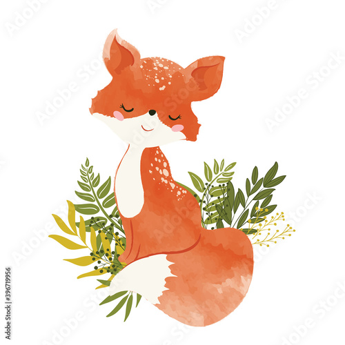 cute fox with leaves, vector illustration, children artworks