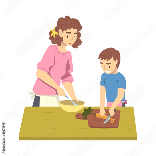 Mom and Her Son Cooking in the Kitchen, Parent Spending Time with Child and Cooking Together Cartoon Style Vector Illustration