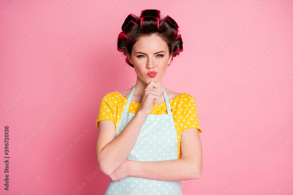 Portrait of her she nice attractive cunning brown-haired housewife creating strategy making decision isolated over pink color background Portrait of her she nice attractive cunning brown-haired housewife creating strategy making decision isolated over pink color background