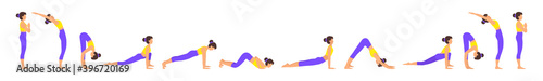 Surya namaskar A sun salutation yoga asanas sequence set vector illustration. Young woman do morning yoga stretch exercise poses for body health. Asana flat style design infographic complex.