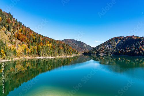 Sylvenstein reservoir lake in autumn, Bad Toelz, Bavaria, Germany, Europe © rudiernst