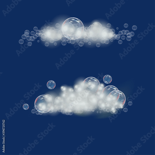 foam with soap in the form of clouds on a blue background. Shampoo and foam vector illustration.