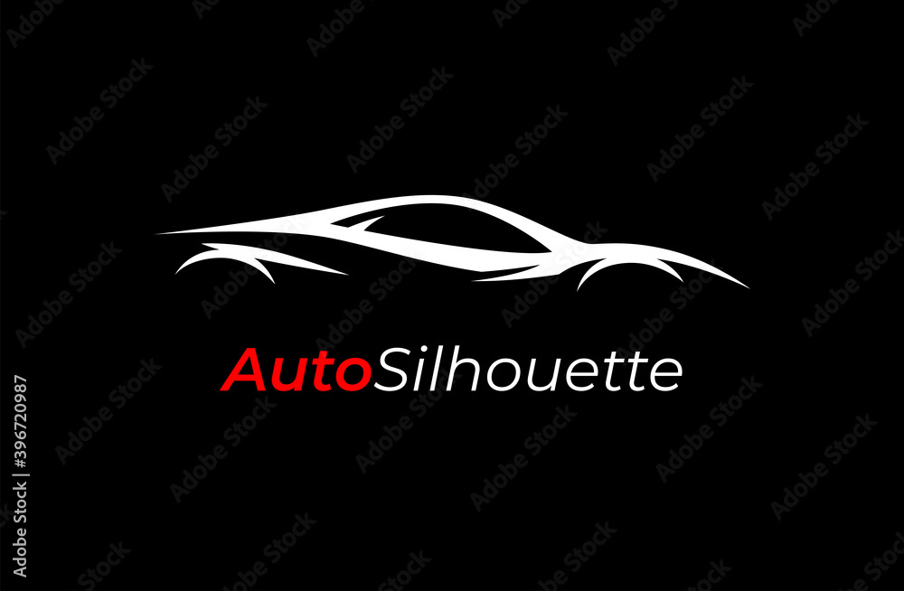 Automotive dealership style car logo design with concept sports vehicle icon silhouette isolated on black background. Vector illustration. Automotive dealership style car logo design with concept sports vehicle icon silhouette isolated on black background. Vector illustration.