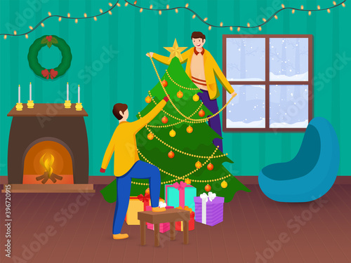 Young Boys Decorated Xmas Tree Together With Gift Boxes And Fireplace In Interior View For Merry Christmas Celebration.