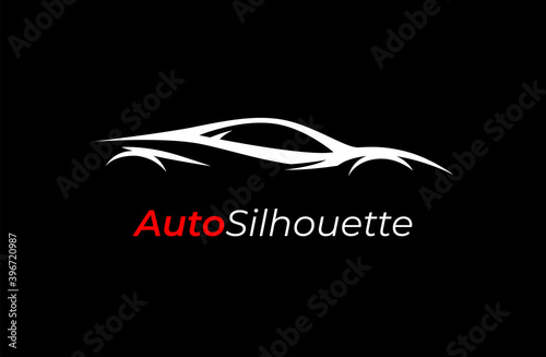 Automotive dealership style car logo design with concept sports vehicle icon silhouette isolated on black background. Vector illustration.