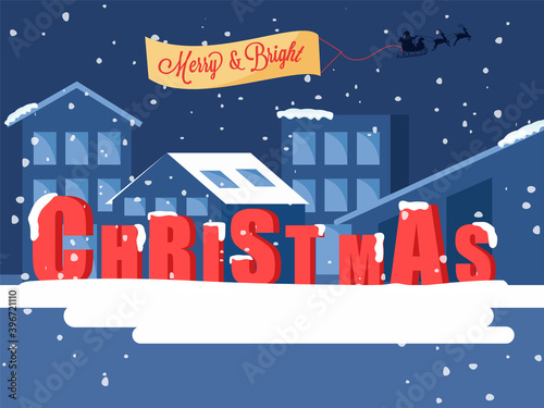 3D Christmas Text With Snow Falling And Buildings Illustration On Blue Background.