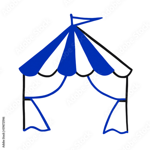 Blue tent, awning, folding awning, outdoor advertising pavilion. Icon Template Isolated On White Background For Portable Store. Watercolor illustration.
