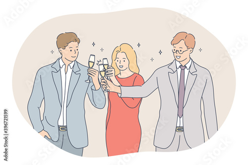 Success, Teamwork , business development concept. Happy young business people partners celebrating successful project realisation with champagne together in office. Team, partnership, cooperation 
