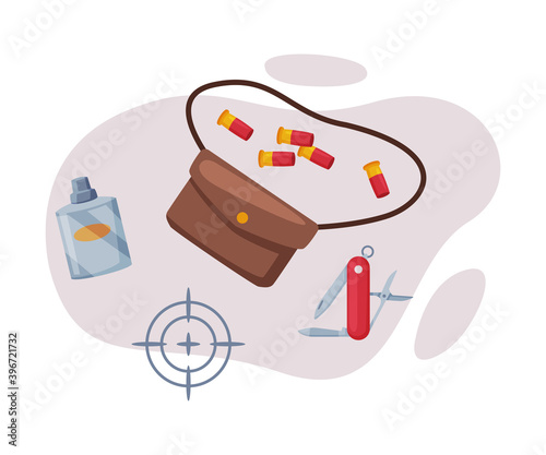 Hunting Objects Set, Leather Hunter Safari Bag, Bullets, Pocket Knife, Target Flat Vector Illustration