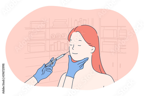Cosmetology, dermatology, skincare concept. Young smiling woman cartoon character getting procedure of beauty injection from beautician doctor in wellness salon for skin rejuvenation illustration 
