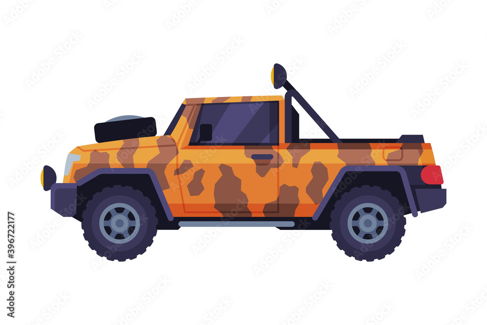Safari Jeep Car, Vehicle for Camping, Hunting and Travel Flat Vector Illustration