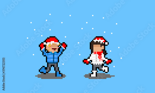 Pixel art cartoon people character with winter cloth.