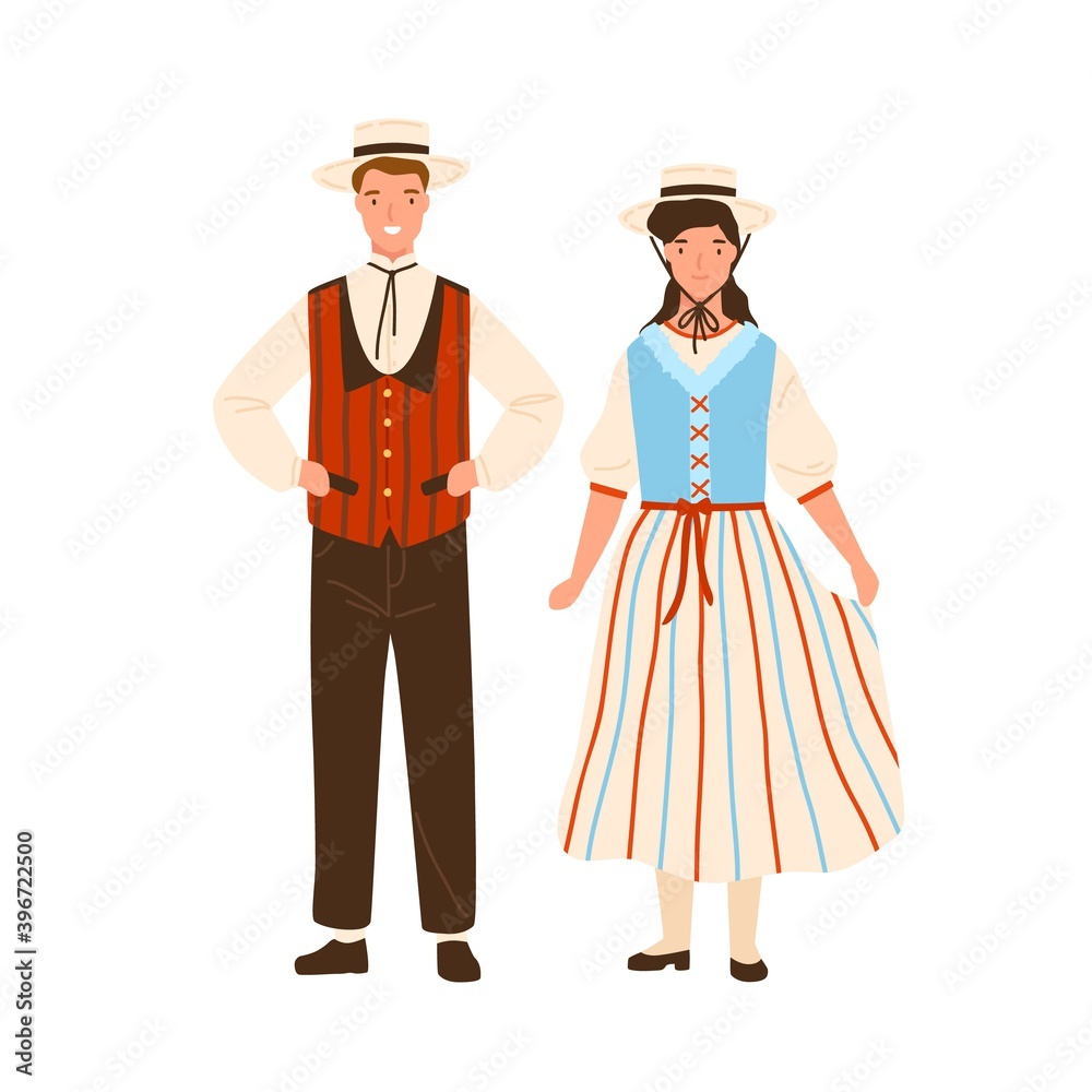 Swiss couple wearing traditional striped costumes. Man in national folk waistcoat and hat. Woman in dress with corset. Flat vector illustration of people from Switzerland isolated on white Swiss couple wearing traditional striped costumes. Man in national folk waistcoat and hat. Woman in dress with corset. Flat vector illustration of people from Switzerland isolated on white
