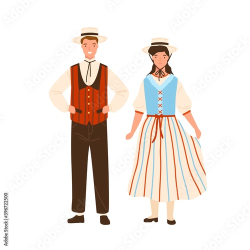 Swiss couple wearing traditional striped costumes. Man in national folk waistcoat and hat. Woman in dress with corset. Flat vector illustration of people from Switzerland isolated on white