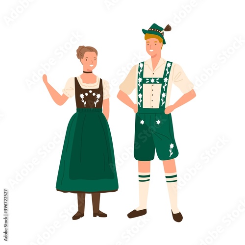 German couple wearing traditional bavarian costumes. Man in national folk shorts, suspenders and hat. Woman in ornamented dress decorated with embroidery. Flat vector illustration isolated on white