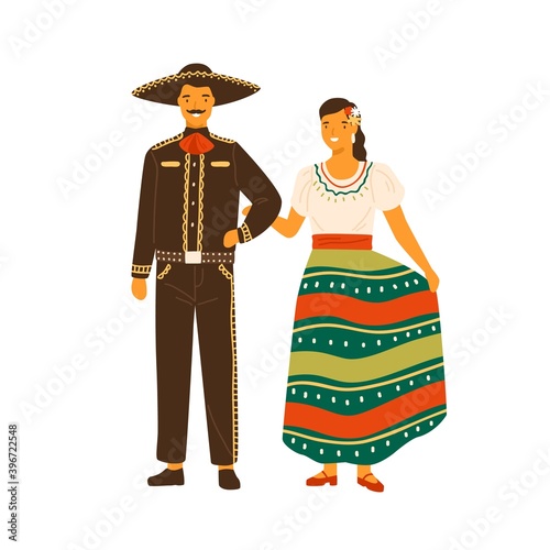 Mexican woman and man wearing traditional costumes. Male person in national h...