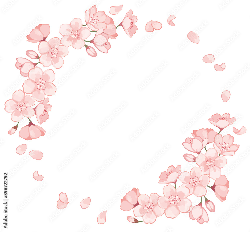 かわいい桜のフレーム　春の背景装飾イラスト　花吹雪　コピースペース　メッセージカード