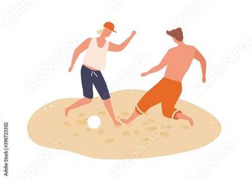 Cheerful men playing football on summer beach. Male friends spend time togeth...