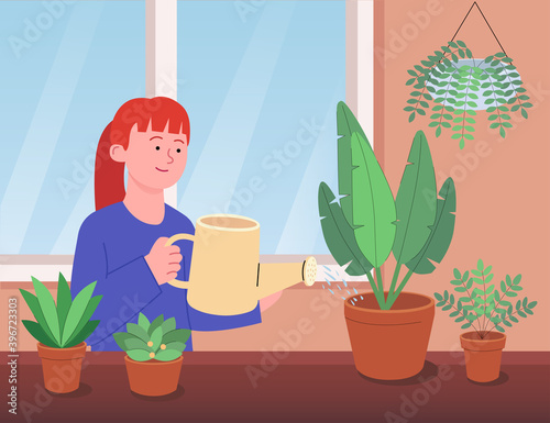 Woman Watering Houseplants Flat Illustration
