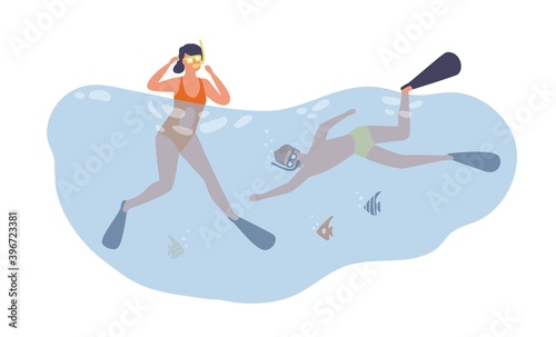 Couple diving and swimming underwater. Scene of summer vacation and activity. Flat vector cartoon illustration of scuba divers in masks and googles isolated on white background