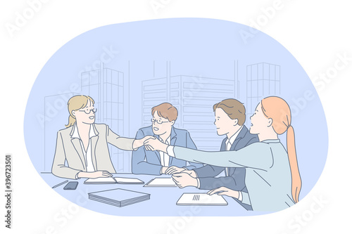 Teamwork, negotiations, success in office concept. Group of Business partners office workers handshaking after successful negotiations or brainstorming in office vector illustration 
