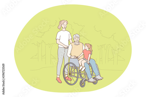 Disabled people on wheelchair living happy active lifestyle concept. Senior elderly man on wheelchair enjoying company of daughter and granddaughter on knees in park outdoors in summer illustration 