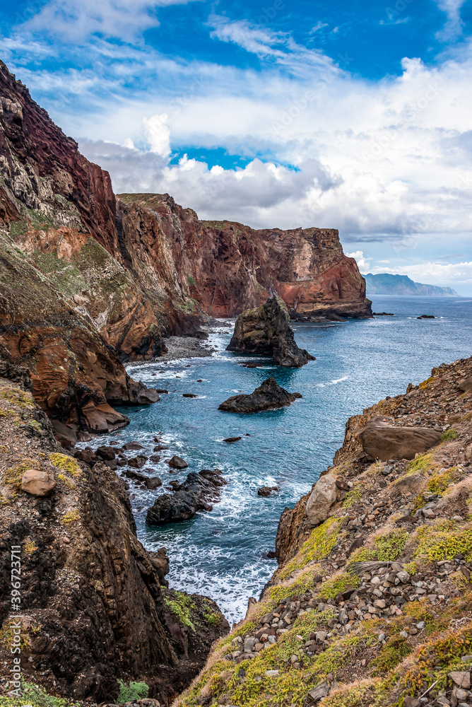 View of rocky cliffs clear water of Atlantic Ocean at Ponta de Sao Lourenco, the island of Madeira, Portugal