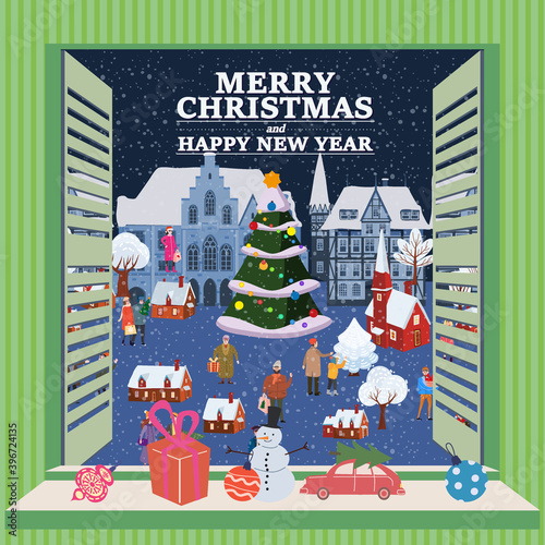 Merry Christmas Window view on winter old town, village, night christmas tree, New Year retro toys decorations. Vector illustration cartoon flat style greeting card
