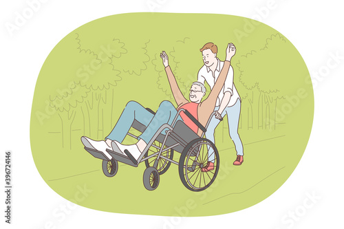 Disabled people on wheelchair living happy active lifestyle concept. Young disabled man on wheelchair sitting and feeling fun being rolled by his son or friend in park outdoors during summer 