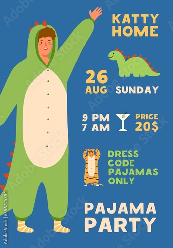 Invitation poster for pajama home party. Vertical placard with cheerful guy in cute jumpsuit. Vertical template for entertainment event. Flat vector cartoon illustration of people in funny kigurumi