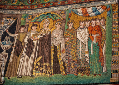 Interior of Basilica of San Vitale, which has important examples of early Christian Byzantine art and architecture. Ravenna. Italy. Empress Theodora and attendants
