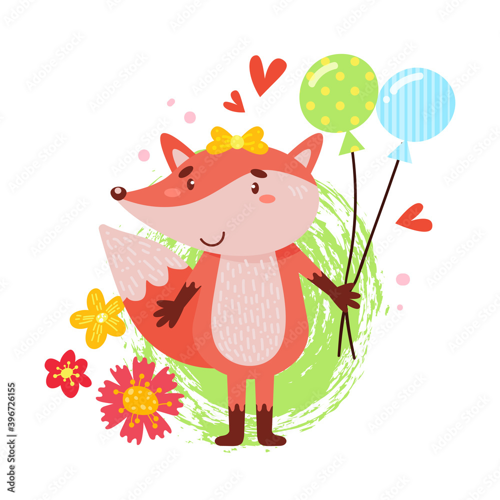 Cute fox with balls on a white background.