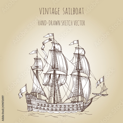 Old caravel, vintage sailboat. Hand drawn vector sketch.