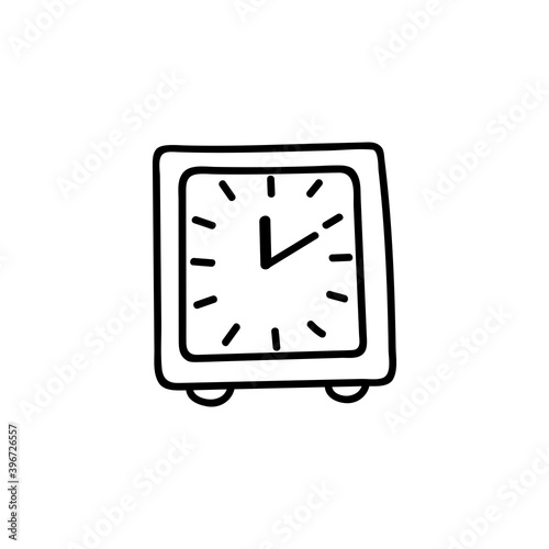 Hand drawn vector doodle illustration. Table clock, boutique. Black outline isolated on white background
