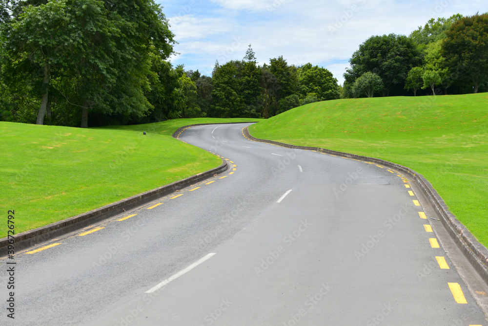 Fototapeta premium View of asphalt road winding through green hills