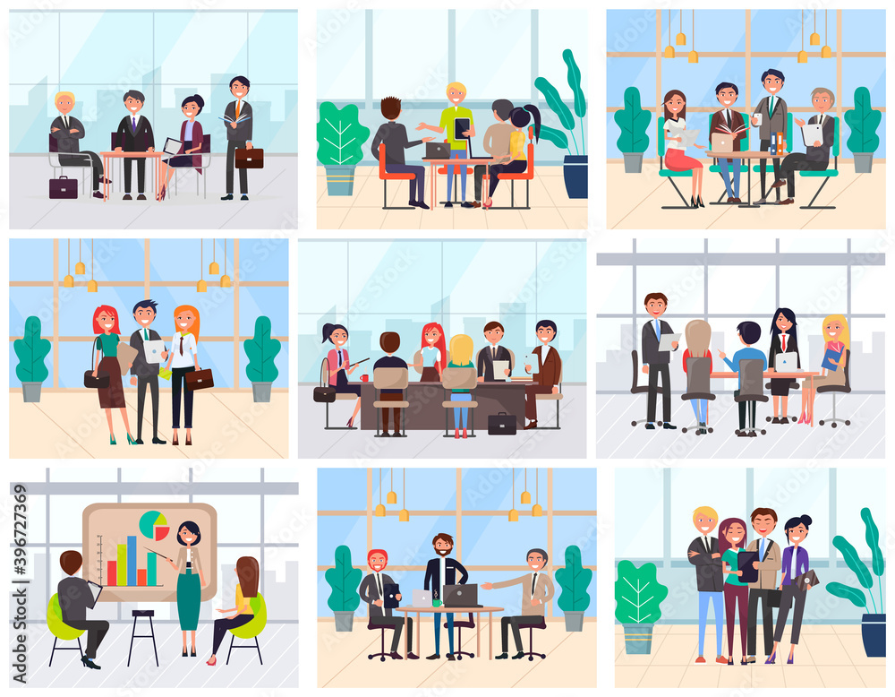 Fototapeta premium Business meeting of people vector, workers wearing formal suits. Man and woman with ideas for company, businessman and businesslady at workplace set