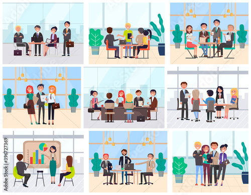 Business meeting of people vector, workers wearing formal suits. Man and woman with ideas for company, businessman and businesslady at workplace set