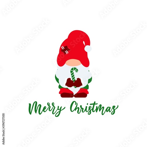 Cute christmas gnome with red hat, candy cane. Flat illustration. Vector. Hand calligraphy lettering. Template for greeting card, t shirt print. © ANGELINA